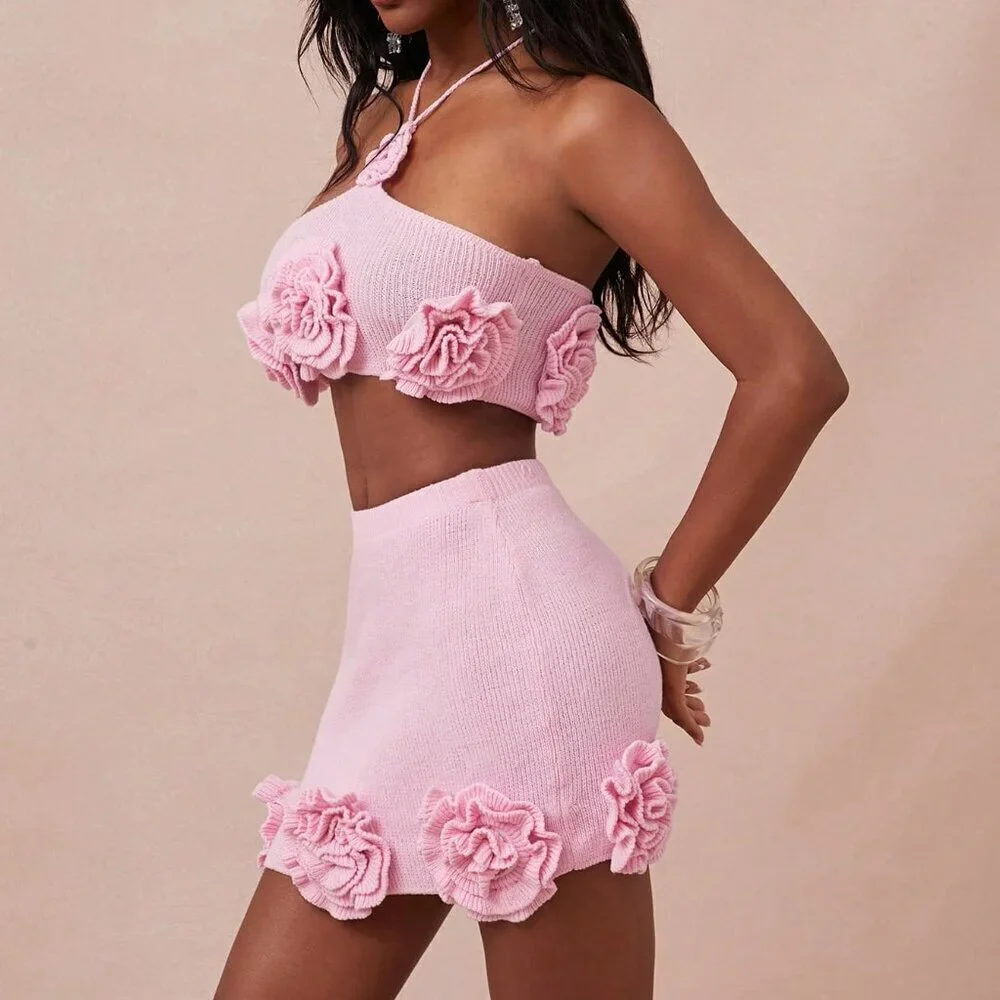 Pink Casual Women's Knit Floral Detail Festival Mini Skirt